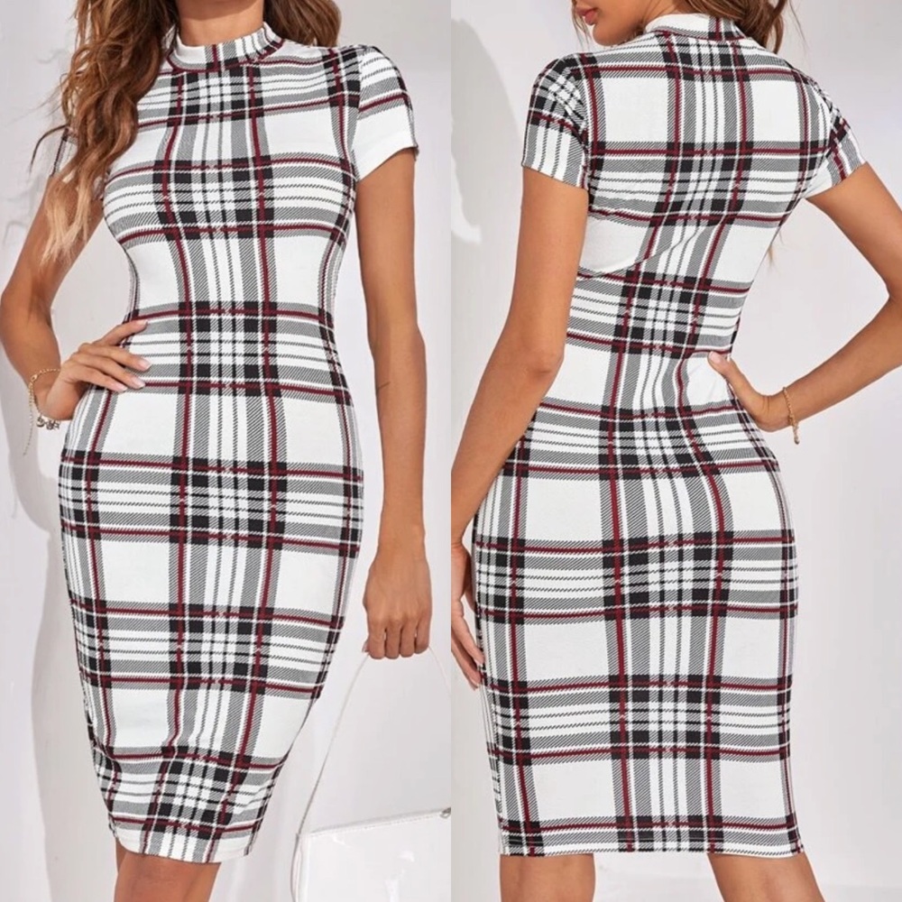 Plaid high neck short sleeve midi pencil dress tan - Picture 2 of 2